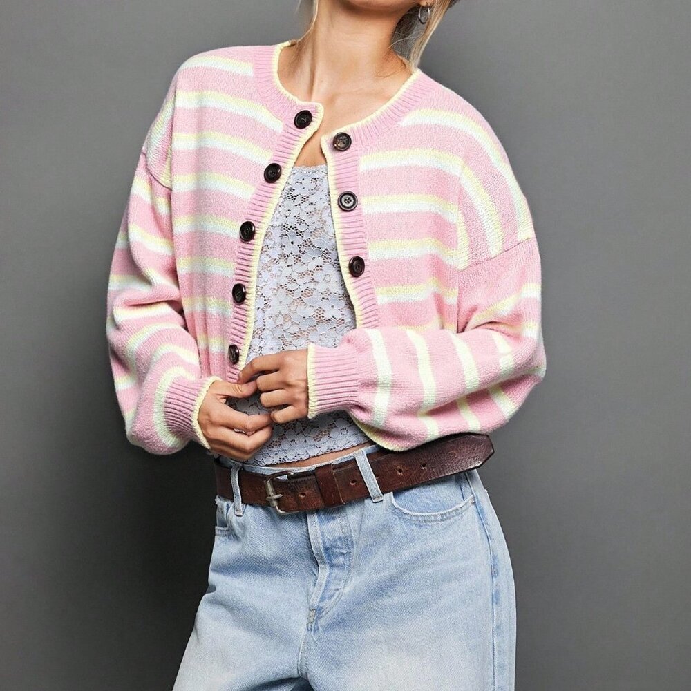 Pink Chic Women's Striped Crewneck Cardigan - Picture 8 of 8